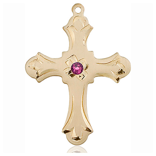 14kt Yellow Gold 1 1/4in Floral Cross with 3mm Amethyst Bead  