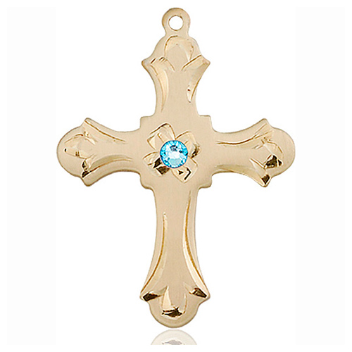 14kt Yellow Gold 1 1/4in Floral Cross with 3mm Aqua Bead  