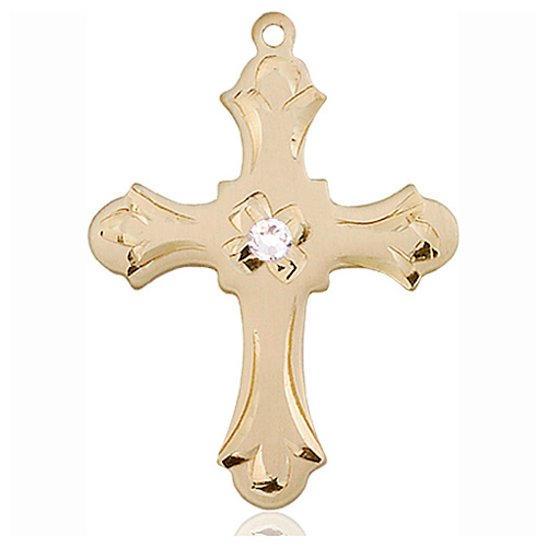 14kt Yellow Gold 1 1/4in Floral Cross with 3mm Crystal Bead  