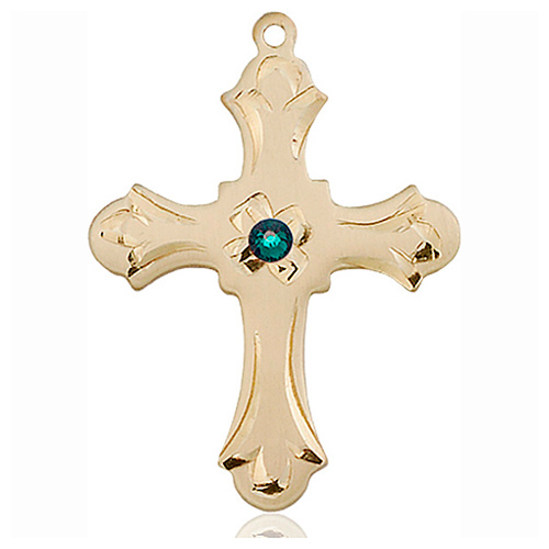 14kt Yellow Gold 1 1/4in Floral Cross with 3mm Emerald Bead  