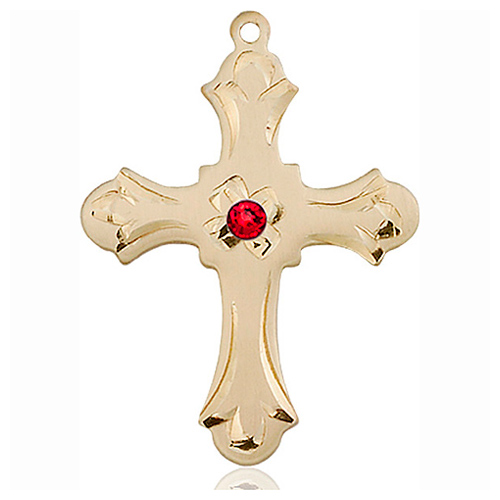 14kt Yellow Gold 1 1/4in Floral Cross with 3mm Ruby Bead  