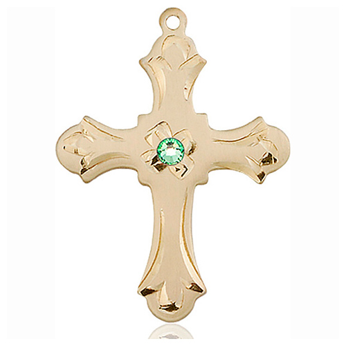 14kt Yellow Gold 1 1/4in Floral Cross with 3mm Peridot Bead  