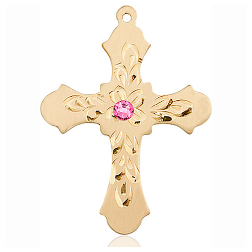 14kt Yellow Gold 1 1/4in Baroque Cross with 3mm Rose Bead  