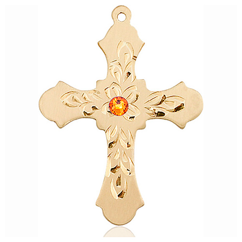 14kt Yellow Gold 1 1/4in Baroque Cross with 3mm Topaz Bead  