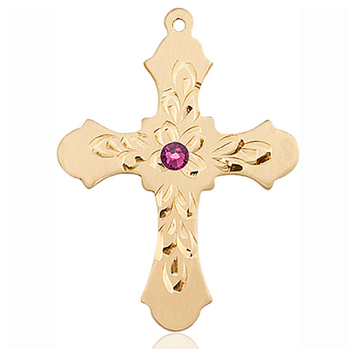 14kt Yellow Gold 1 1/4in Baroque Cross with 3mm Amethyst Bead  