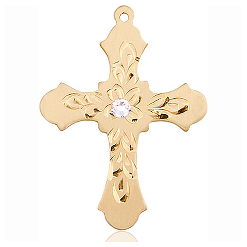 14kt Yellow Gold 1 1/4in Baroque Cross with 3mm Crystal Bead  
