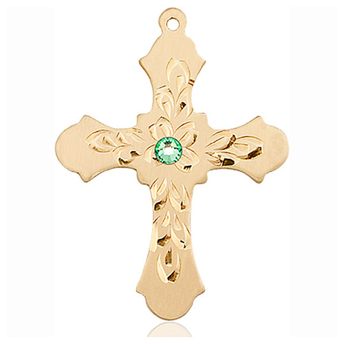 14kt Yellow Gold 1 1/4in Baroque Cross with 3mm Peridot Bead  