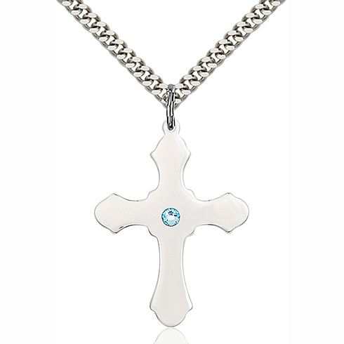 Sterling Silver 1 1/4in Cross Pendant with 3mm Aqua Bead & 24in Chain