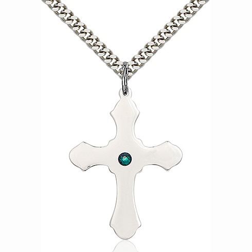 Sterling Silver 1 1/4in Cross Emerald Bead Pendant & 24in Chain