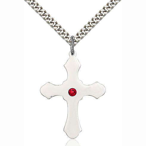 Sterling Silver 1 1/4in Cross Pendant with 3mm Ruby Bead & 24in Chain