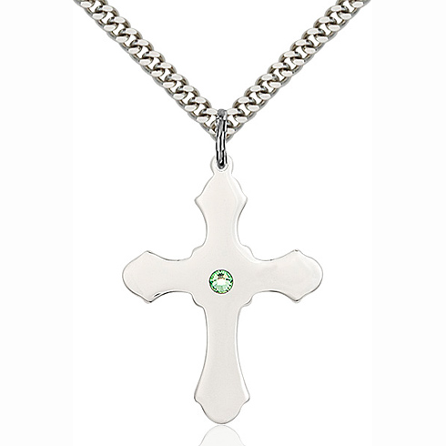 Sterling Silver 1 1/4in Cross Peridot Bead Pendant & 24in Chain