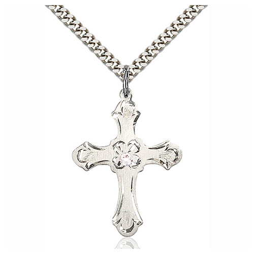 Sterling Silver 1 1/4in Floral Cross Crystal Bead 24in Necklace