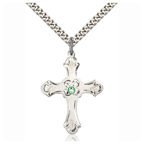 Sterling Silver 1 1/4in Floral Cross Peridot Bead 24in Necklace