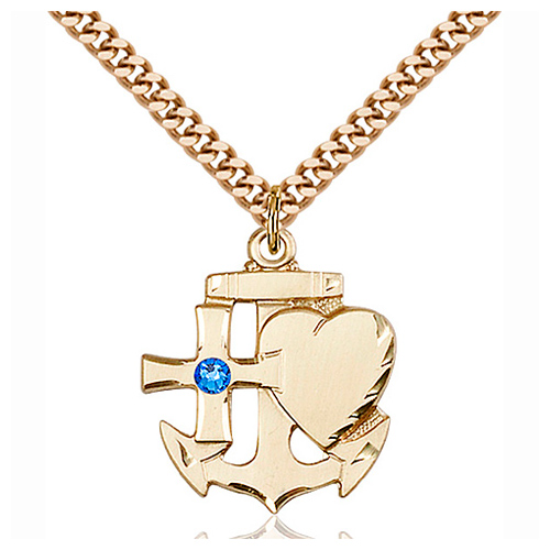 Gold Filled 7/8in Faith Hope & Charity Sapphire Bead 24in Necklace