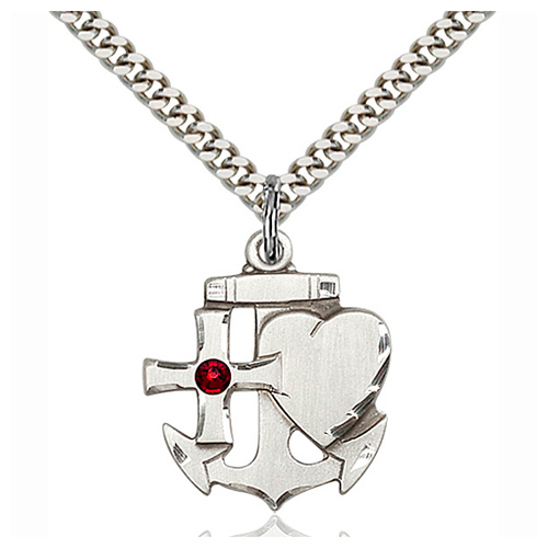 Sterling Silver 7/8in Faith Hope & Charity Garnet Bead 24in Necklace