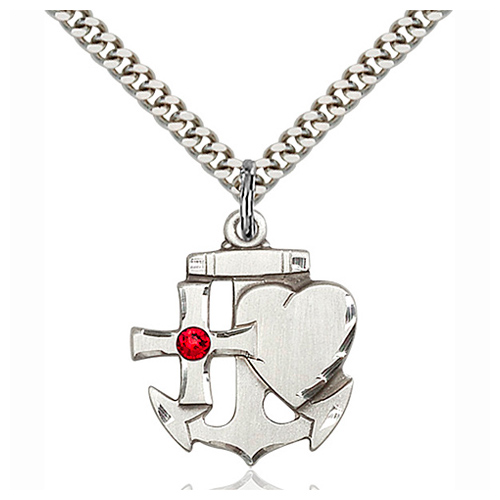 Sterling Silver 7/8in Faith Hope & Charity Ruby Bead 24in Necklace
