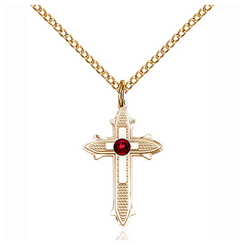 Gold Filled 7/8in Garnet Bead Cross Pendant & 18in Chain
