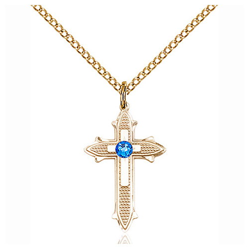 Gold Filled 7/8in Sapphire Bead Cross Pendant & 18in Chain