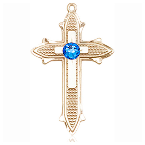 14kt Yellow Gold 7/8in Cross on Cross Medal with 3mm Sapphire Bead  