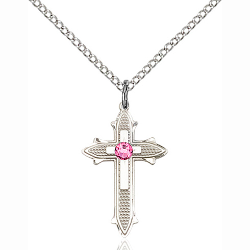 Sterling Silver 7/8in Rose Bead Cross Pendant & 18in Chain