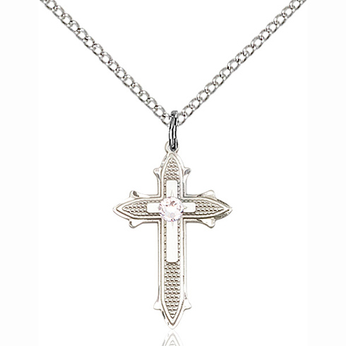 Sterling Silver 7/8in Crystal Bead Cross Pendant & 18in Chain