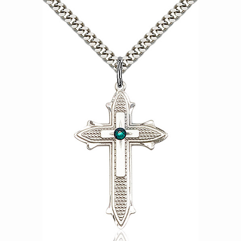 Sterling Silver 1 3/8in Emerald Bead Cross Pendant & 24in Chain