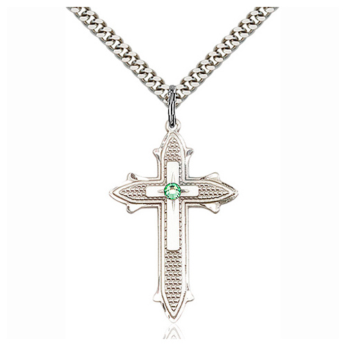 Sterling Silver 1 3/8in Peridot Bead Cross Pendant & 24in Chain