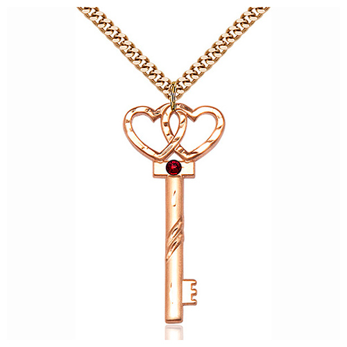 Gold Filled 1 1/2in Key Two Hearts Garnet Bead Pendant & 24in Chain