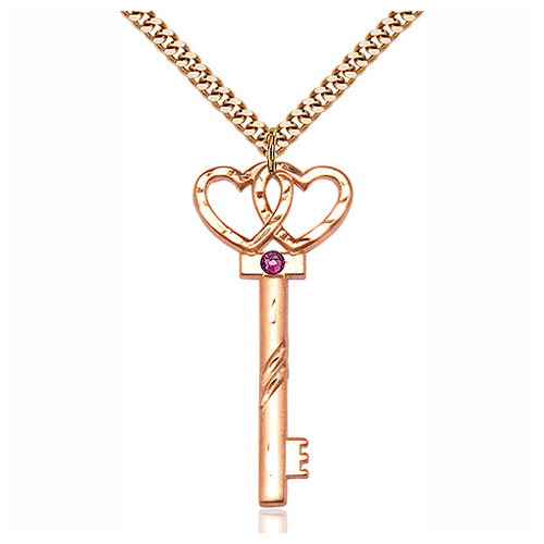 Gold Filled 1 1/2in Key Two Hearts Amethyst Bead Pendant & 24in Chain
