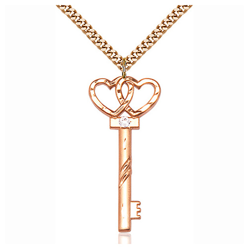Gold Filled 1 1/2in Key Two Hearts Pendant & 24in Chain