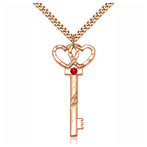 Gold Filled 1 1/2in Key Two Hearts Pendant with Ruby Bead & 24in Chain