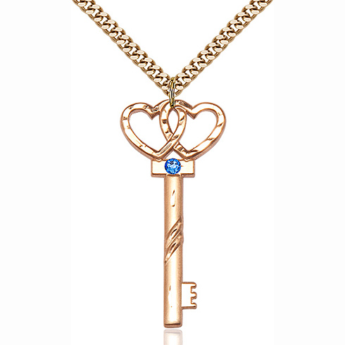 Gold Filled 1.5in Key Two Hearts Pendant Sapphire Bead & 24in Chain