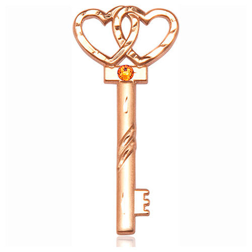 14kt Yellow Gold 1 1/2in Key Two Hearts Medal with 3mm Topaz Bead  