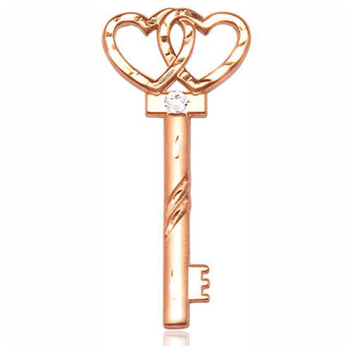 14kt Yellow Gold 1 1/2in Key Two Hearts Medal with 3mm Crystal Bead  