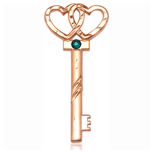 14kt Yellow Gold 1 1/2in Key Two Hearts Pendant with 3mm Emerald Bead  