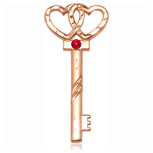 14kt Yellow Gold 1 1/2in Key Two Hearts Medal with 3mm Ruby Bead  