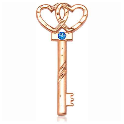 14kt Yellow Gold 1 1/2in Key Two Hearts Medal with 3mm Sapphire Bead  