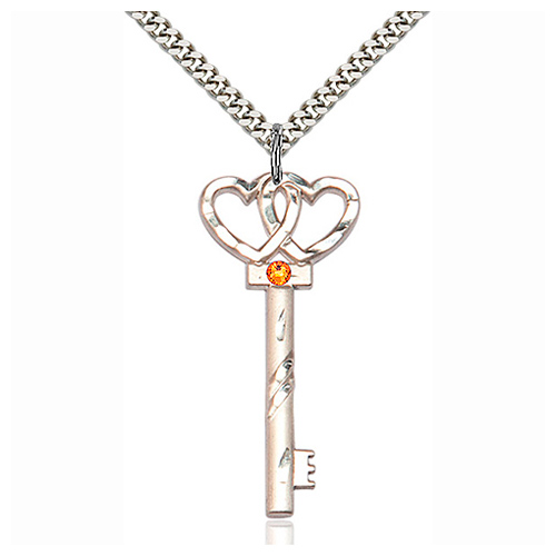 Sterling Silver 1 1/2in Key Two Hearts Pendant Topaz Bead & 24in Chain