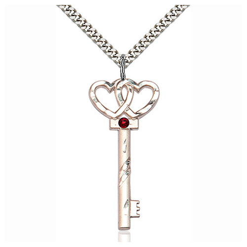 Sterling Silver 1.5in Key Two Hearts Pendant Garnet Bead & 24in Chain