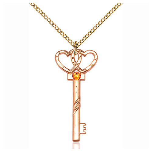 Gold Filled 1.25in Key Two Hearts Pendant with Topaz Bead & 18in Chain
