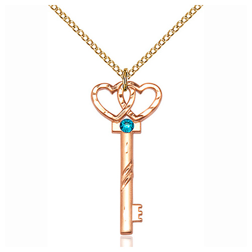 Gold Filled 1.25in Key Two Hearts Blue Zircon Bead & 18in Chain