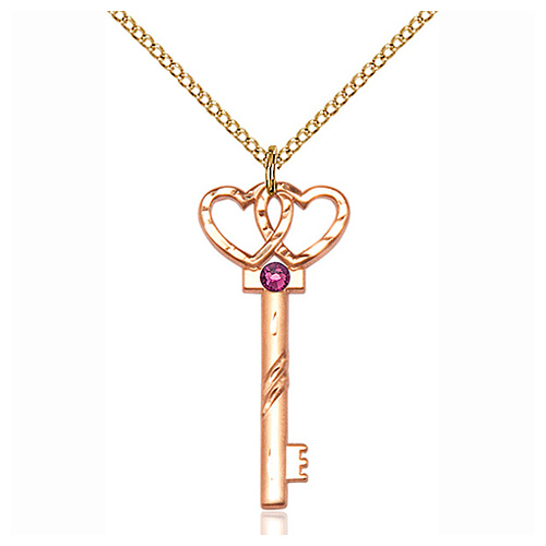 Gold Filled 1 1/4in Key Two Hearts Pendant Amethyst Bead & 18in Chain