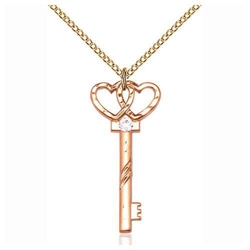 Gold Filled 1 1/4in Key Two Hearts Pendant Crystal Bead & 18in Chain