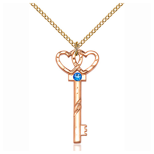 Gold Filled 1 1/4in Key Two Hearts Pendant Sapphire Bead & 18in Chain