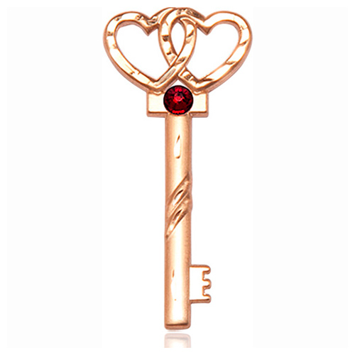 14kt Yellow Gold 1 1/4in Key Two Hearts Medal with 3mm Garnet Bead  