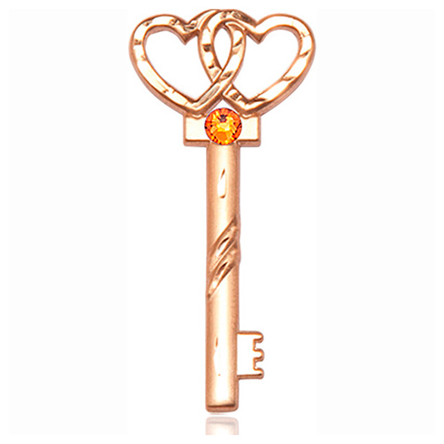 14kt Yellow Gold 1 1/4in Key Two Hearts Medal with 3mm Topaz Bead  