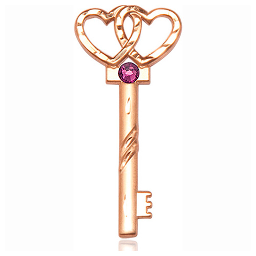 14kt Yellow Gold 1 1/4in Key Two Hearts Medal with 3mm Amethyst Bead  