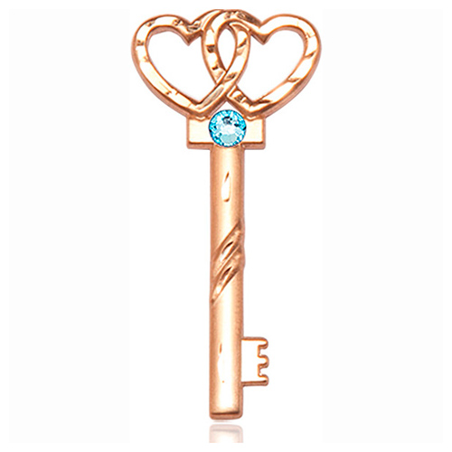 14kt Yellow Gold 1 1/4in Key Two Hearts Medal with 3mm Aqua Bead  