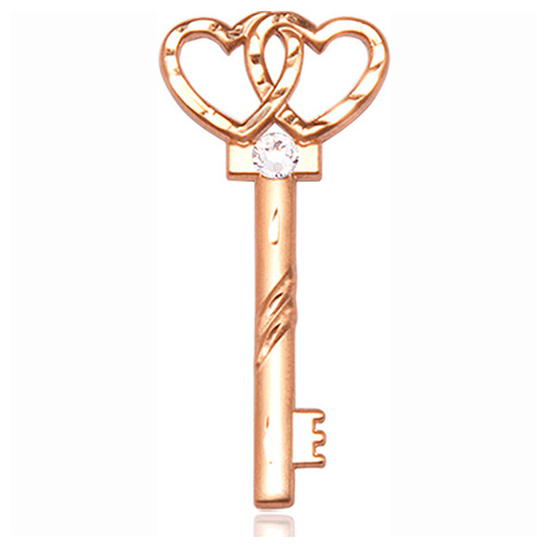 14kt Yellow Gold 1 1/4in Key Two Hearts Medal with 3mm Crystal Bead  