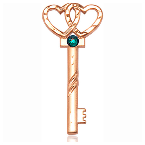 14kt Yellow Gold 1 1/4in Key Two Hearts Medal with 3mm Emerald Bead  
